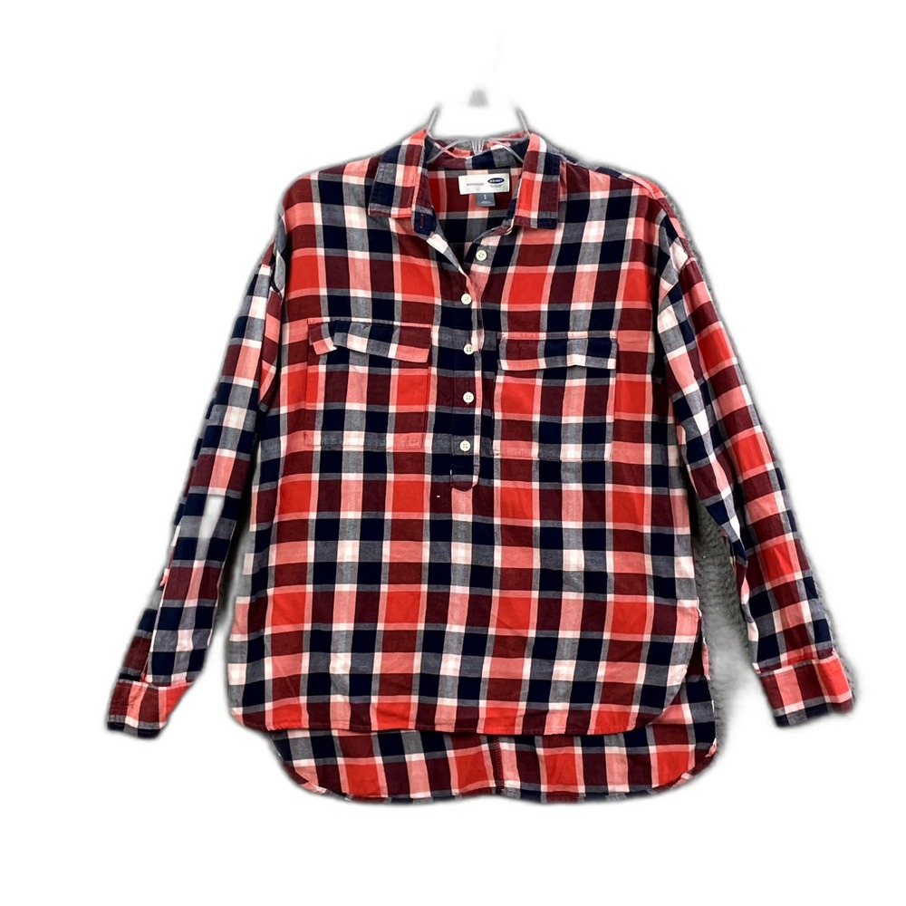 Old Navy Boyfriend Flannel Henley Top Womens S‎ Plaid Casual Button Up Outdoor